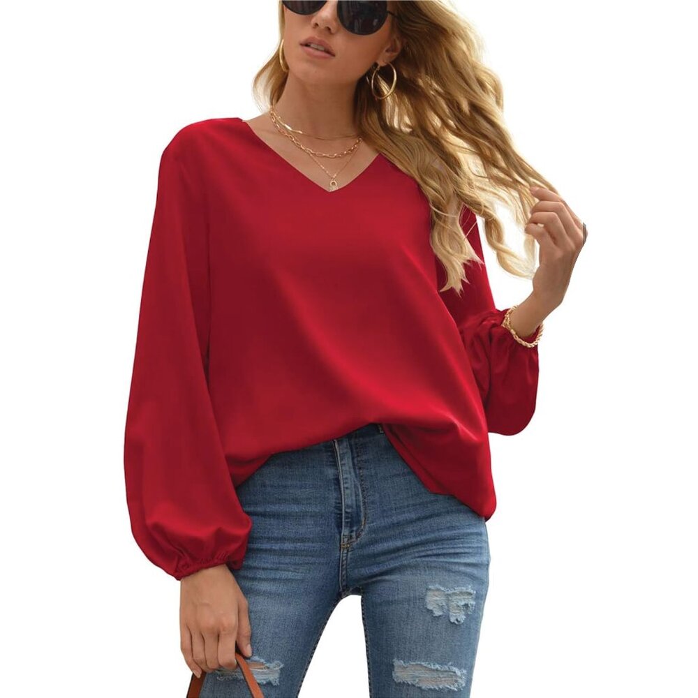 2783 - ELESOL Women's V-Neck Red LS Lightweight Balloon Sleeve Blouse (Small)